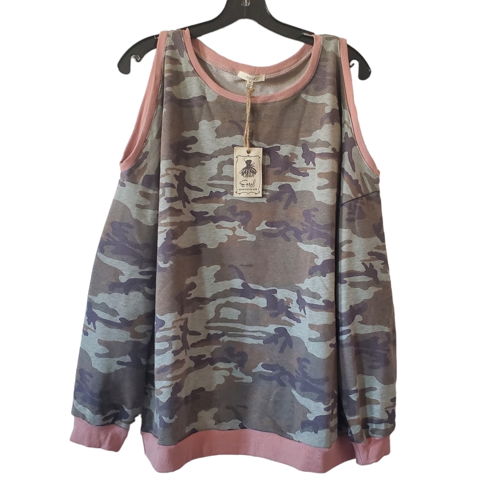 Easel Green Came Crew Neck Cold Shoulder Sweatshirt Pink Trim Size Medium New